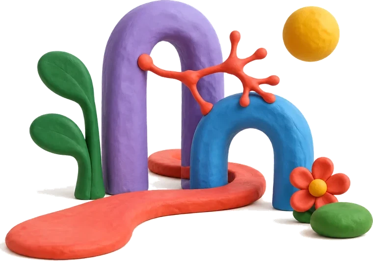 Colourful handmade clay arches, a growing plant and a winding path.